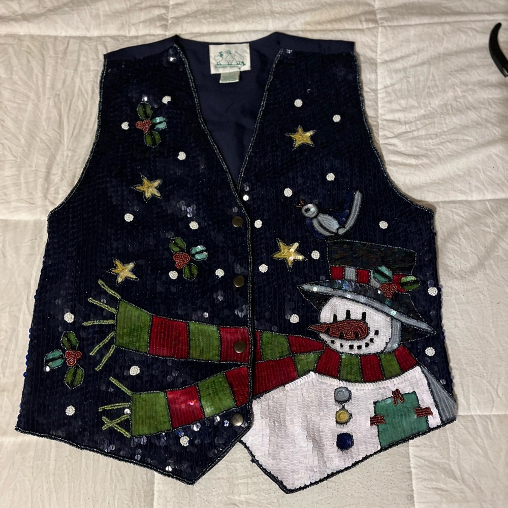 Quacker Factory, Snowman With Bird‎ Sequence Vest Size Small Very Pretty